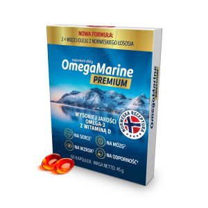 Suplement diety OmegaMarine Premium zawiera wysokiej jakości olej z norweskiego łososia, bogaty w omega-3 i witaminę D, wspierający zdrowie serca, mózgu, wzroku i odporność.