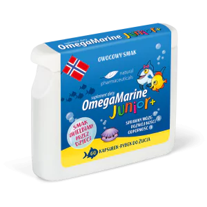 Suplement diety OmegaMarine Junior+ w owocowym smaku wspiera rozwój mózgu, kości oraz odporność dzieci, oferując 60 kapsułek w formie rybek do żucia.