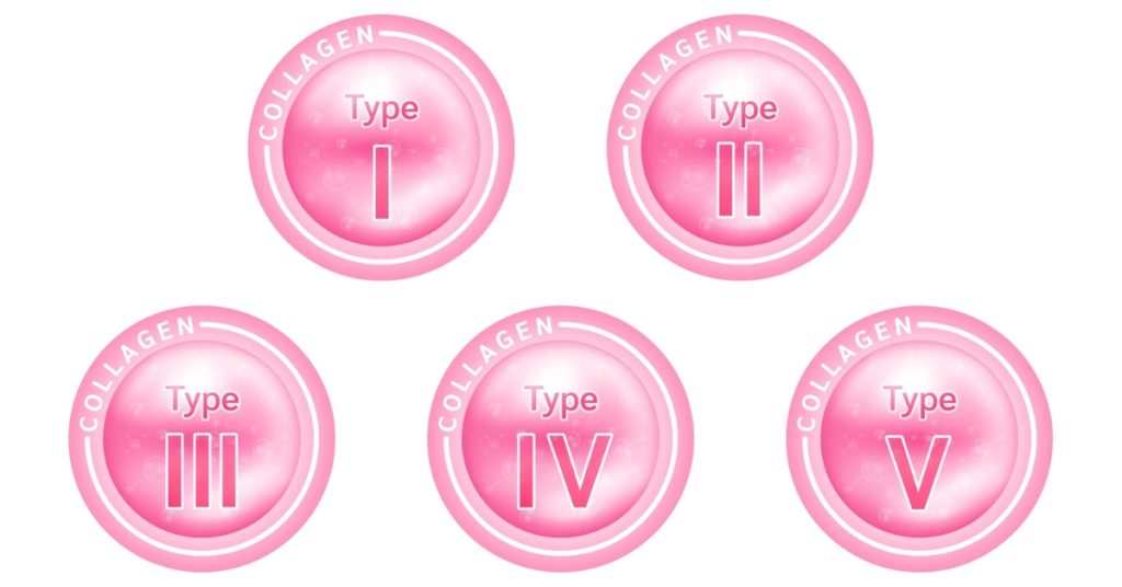 Pięć różowych okręgów, wewnątrz nich typy kolagenu napisane rzymskimi cyframi