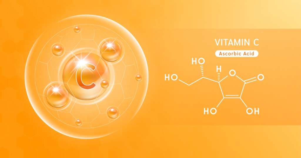 Wzór chemiczny witaminy c. Po lewej stronie cząsteczka witaminy c w żółtym okręgu.