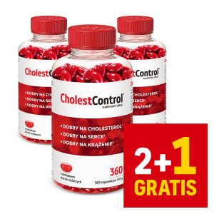 Suplement diety CholestControl wspomaga prawidłowy poziom cholesterolu oraz zdrowie serca i układu krążenia, oferując promocyjny zestaw 2+1 gratis.