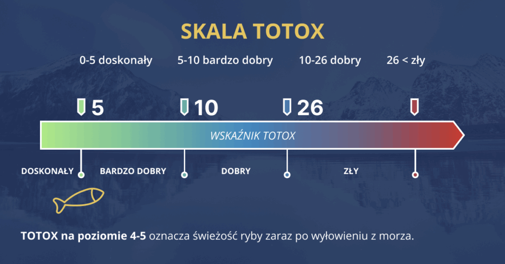 Skala TOTOX ilustruje poziomy świeżości ryb, gdzie oznaczenia od 0 do 5 wskazują na doskonałość, a wartości powyżej 26 sugerują złą jakość.