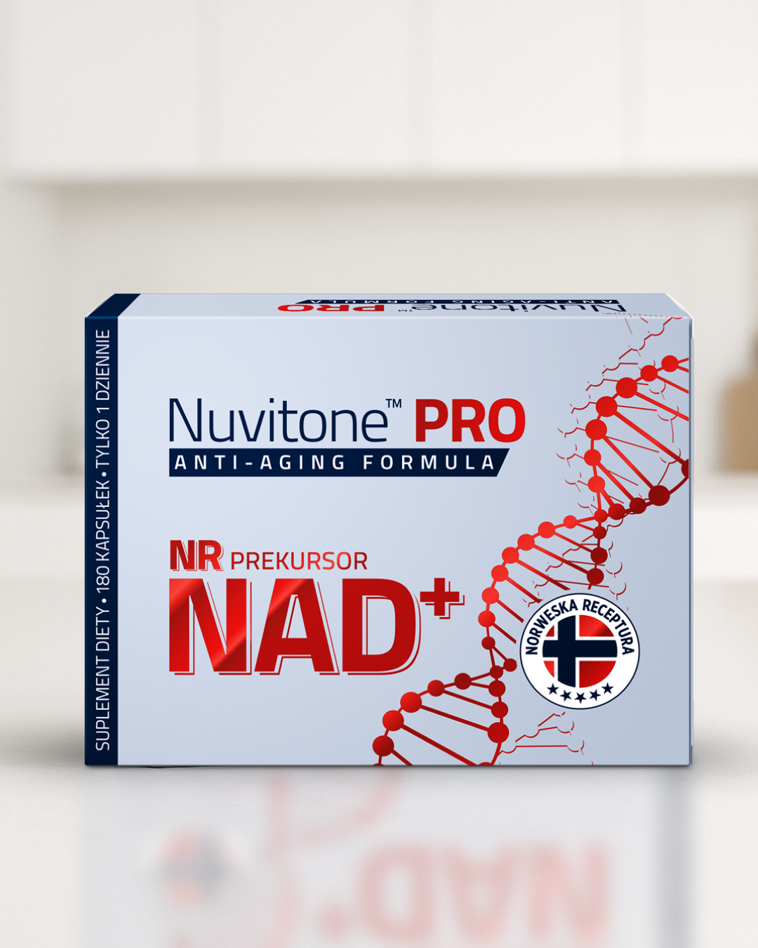 Opakowanie suplementu diety Nuvitone PRO zawiera NR jako prekursor NAD+, wspierający procesy odmładzające organizmu.