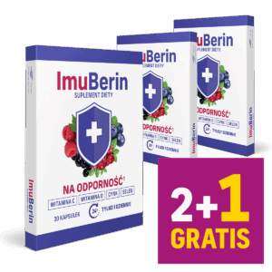 ImuBerin to suplement diety wzmacniający odporność, zawierający witaminę C, D, cynk i selen, dostępny w promocji 2+1 gratis.