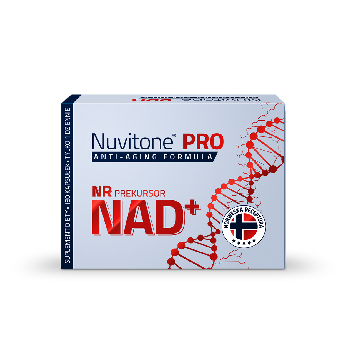 Nuvitone PRO to suplement diety w postaci kapsułek, zawierający NR jako prekursor NAD+, wspierający procesy anti-aging.