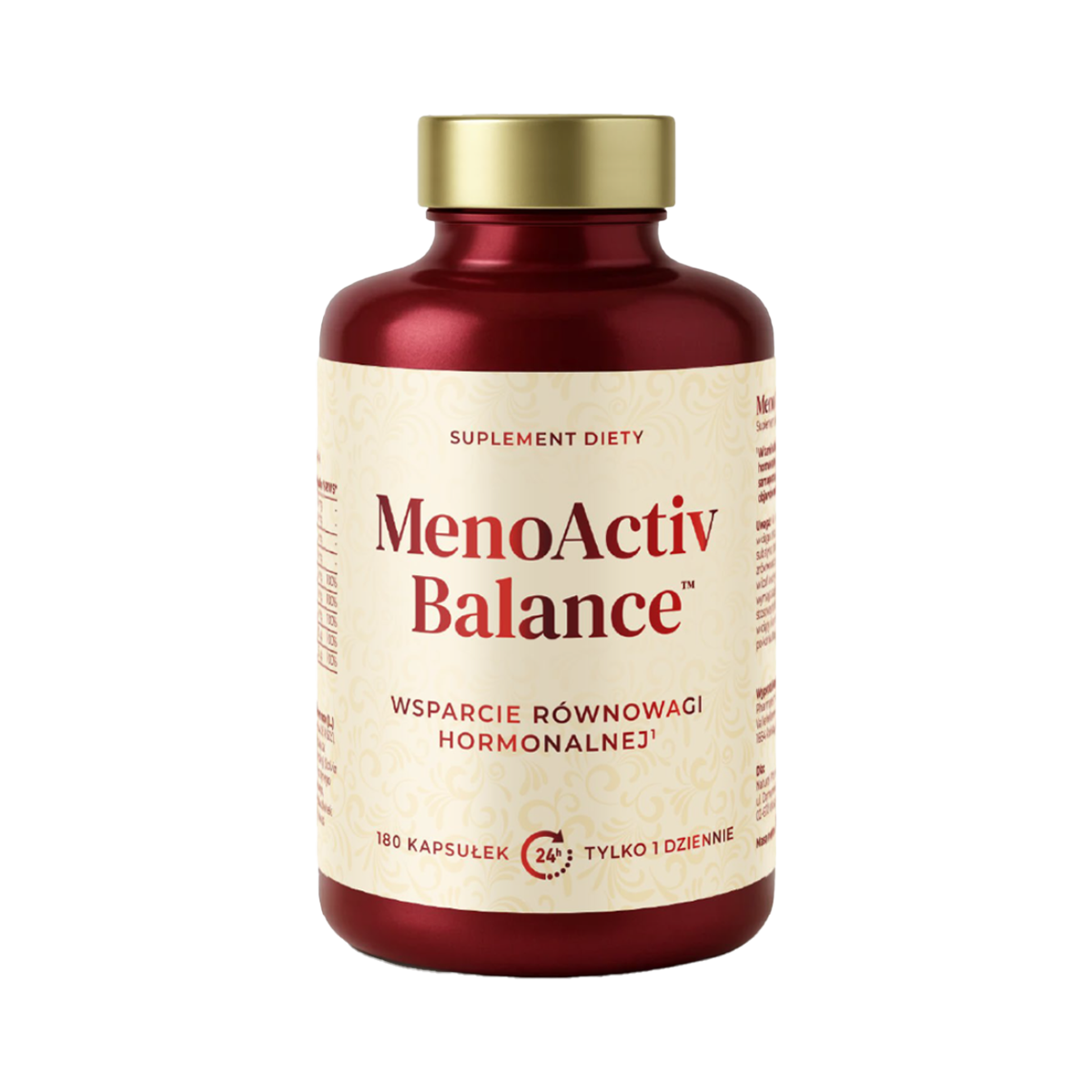 MenoActiv Balance to suplement diety wspierający równowagę hormonalną, dostępny w formie 180 kapsułek, zalecany do stosowania raz dziennie.