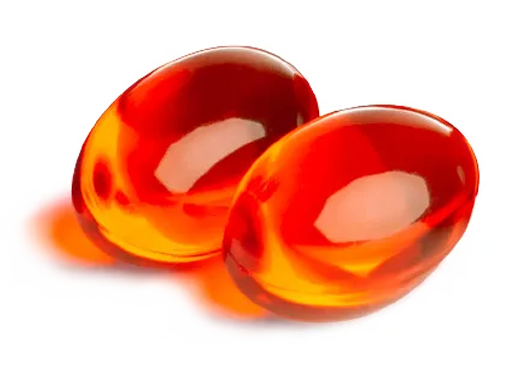 Dwie jasnoczerwone kapsułki OmegaMarine Premium